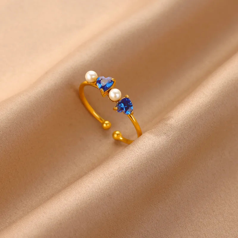 French Fine Style Ring Women's Fashion Ins Style 18K Pearl Opening Heart-Shaped Zircon Fashion Gemstone Ring