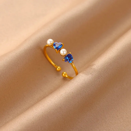 French Fine Style Ring Women's Fashion Ins Style 18K Pearl Opening Heart-Shaped Zircon Fashion Gemstone Ring