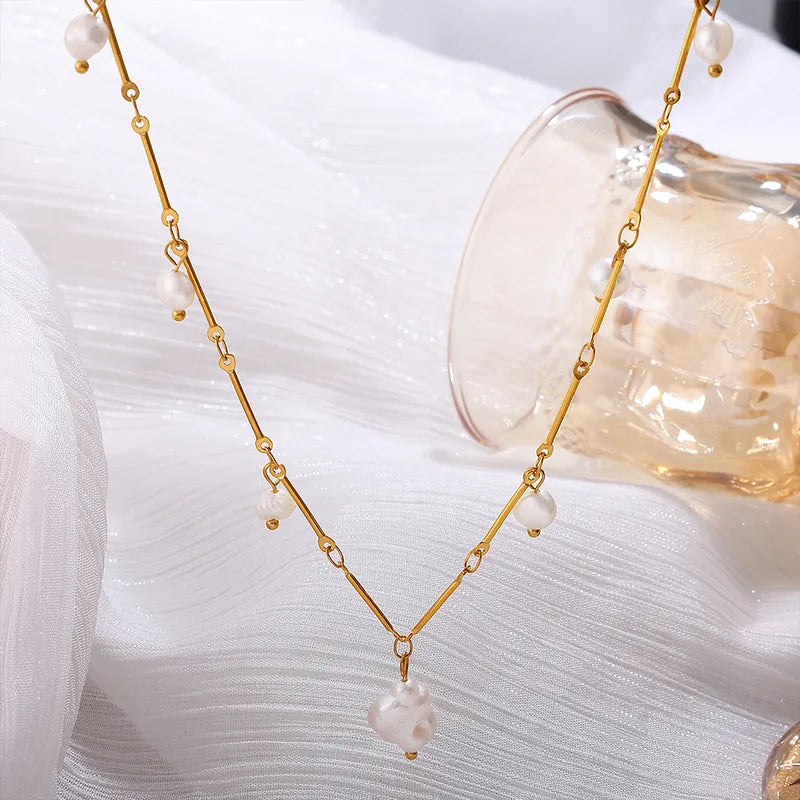 French Ins Style Fashion Freshwater Pearl Pendant Necklace Stainless Steel Plated 18K Gold Tassel Clavicle Chain Women's Jewelry