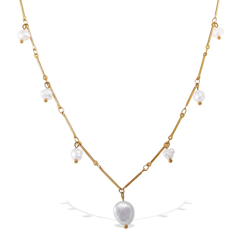 French Ins Style Fashion Freshwater Pearl Pendant Necklace Stainless Steel Plated 18K Gold Tassel Clavicle Chain Women's Jewelry