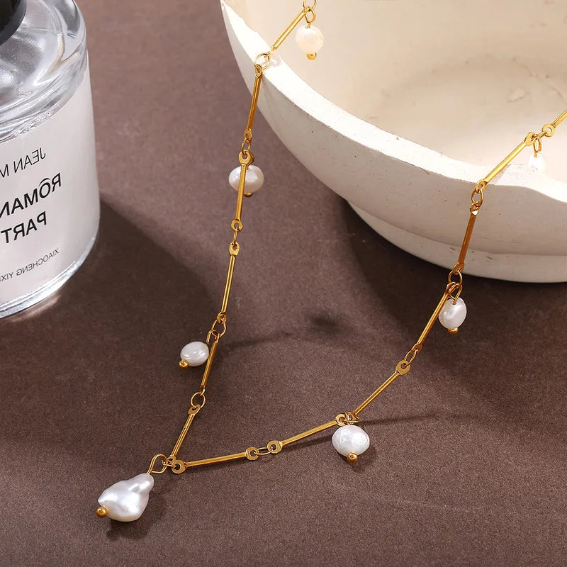 French Ins Style Fashion Freshwater Pearl Pendant Necklace Stainless Steel Plated 18K Gold Tassel Clavicle Chain Women's Jewelry