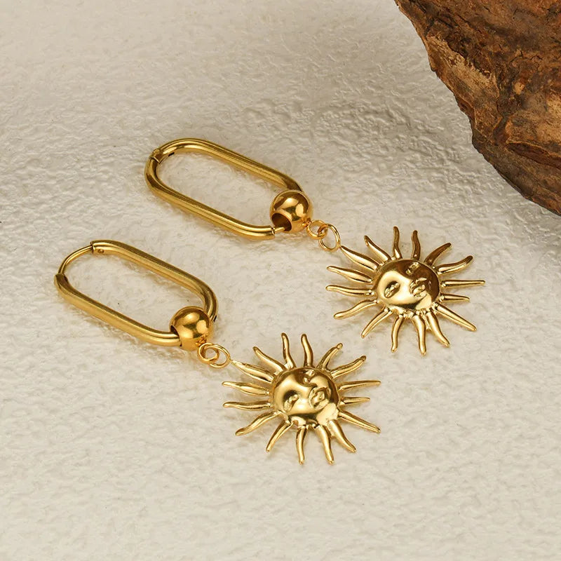 French Retro Gold-Plated Titanium Steel Earrings For Women Sun Pendant Earrings Pendant Earrings
