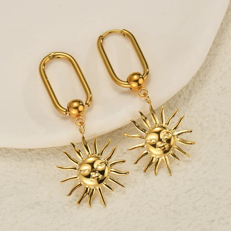 French Retro Gold-Plated Titanium Steel Earrings For Women Sun Pendant Earrings Pendant Earrings