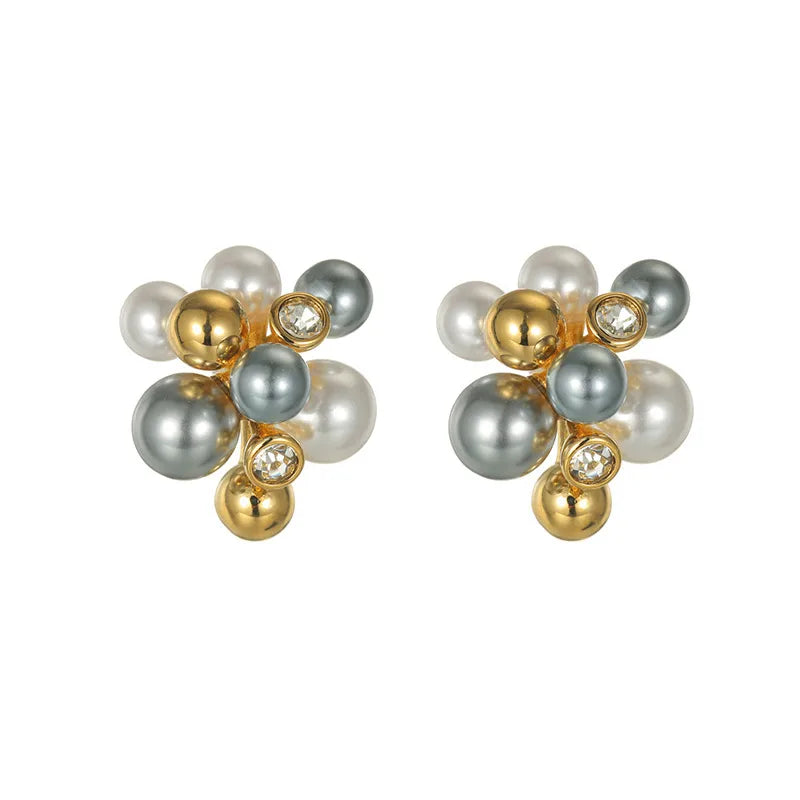 French Retro Pearl Earrings Stainless Steel Metal Ball Flower Cluster Color Block Retro Design Women's Jewelry