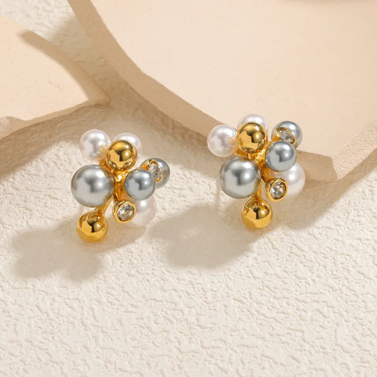 French Retro Pearl Earrings Stainless Steel Metal Ball Flower Cluster Color Block Retro Design Women's Jewelry