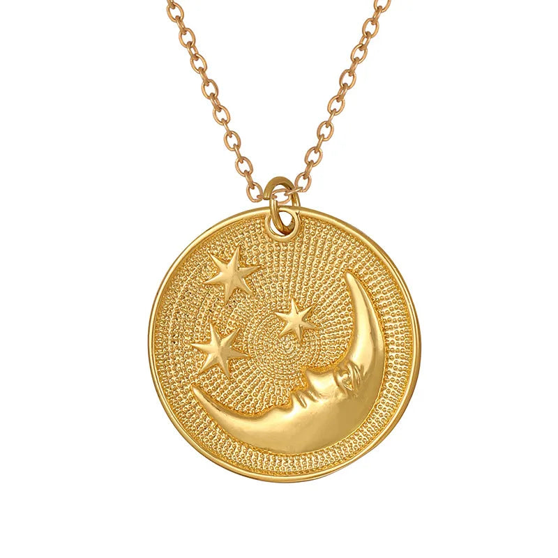 French Vintage Eight-pointed Star Pendant Necklace Titanium Steel Non-fading 18K Embedded Zircon Wave Pattern Jewelry For Women
