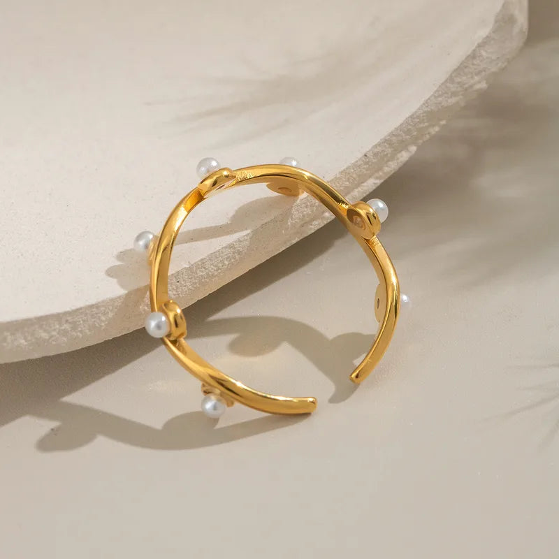 French Vintage Fashionable Pearl Ring Versatile Luxury Open Hand Jewelry Beach Party Adjustable Size Gold Plated Stainless Steel