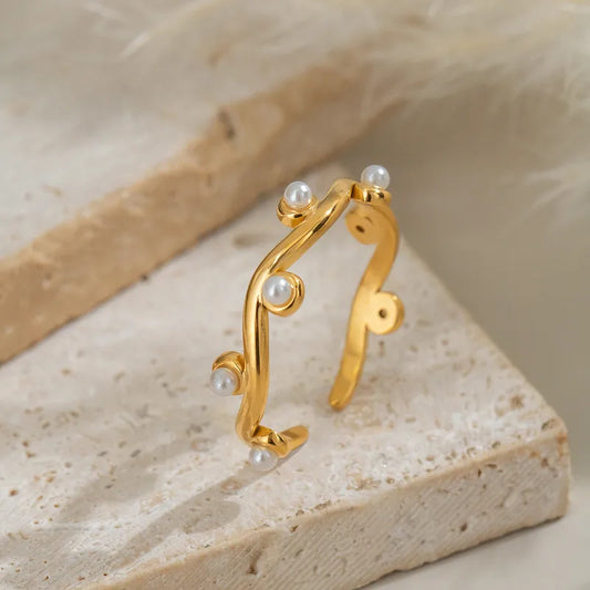 French Vintage Fashionable Pearl Ring Versatile Luxury Open Hand Jewelry Beach Party Adjustable Size Gold Plated Stainless Steel
