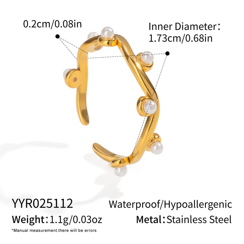 French Vintage Fashionable Pearl Ring Versatile Luxury Open Hand Jewelry Beach Party Adjustable Size Gold Plated Stainless Steel