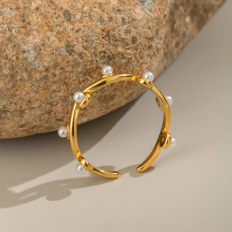 French Vintage Fashionable Pearl Ring Versatile Luxury Open Hand Jewelry Beach Party Adjustable Size Gold Plated Stainless Steel