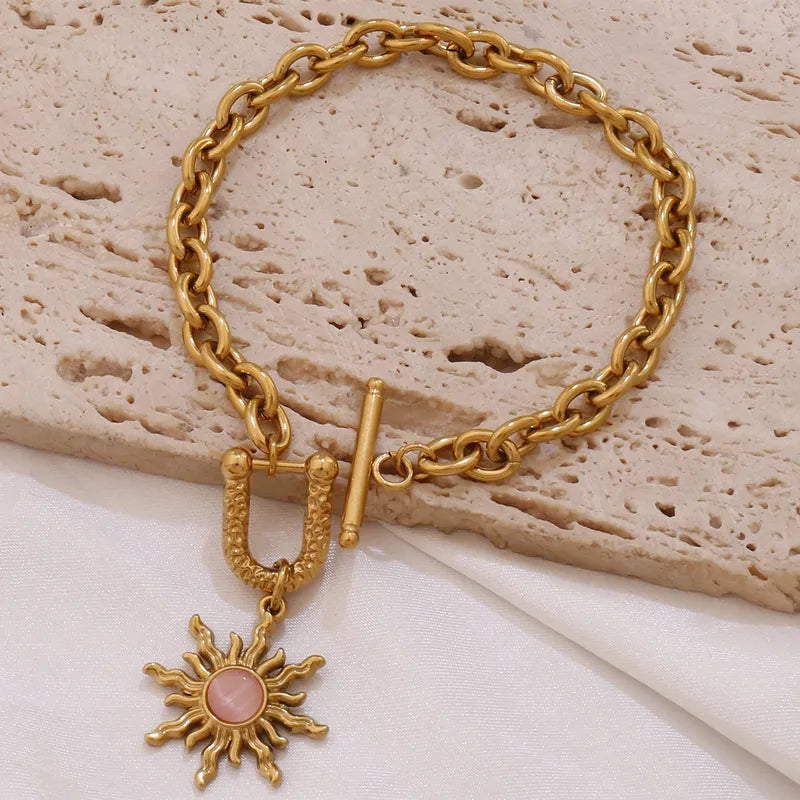 French Vintage Stainless Steel Sun Natural Stone Pendant Women's Cat Eye Stone Buckle Chain Bracelet Simple Geometric Pattern