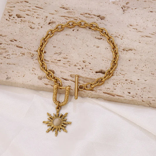 French Vintage Stainless Steel Sun Natural Stone Pendant Women's Cat Eye Stone Buckle Chain Bracelet Simple Geometric Pattern