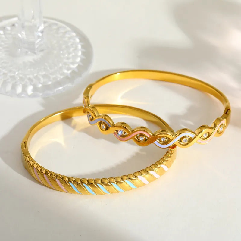 Fresh Sweet Stainless Steel 18K Gold Plated Zirconia Stone Oil Drop Pattern Bracelet Casual Vintage Artistic Women's Jewelry