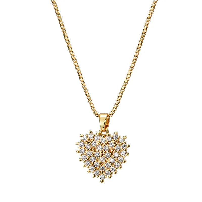 Full Diamond Heart Necklace Niche Fashion Elegant White Zircon Heart-Shaped 18K Gold Plated Collarbone Chain Sweater Chain