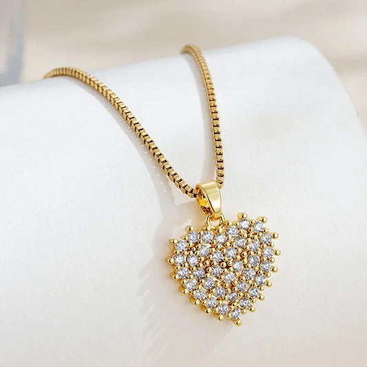 Full Diamond Heart Necklace Niche Fashion Elegant White Zircon Heart-Shaped 18K Gold Plated Collarbone Chain Sweater Chain