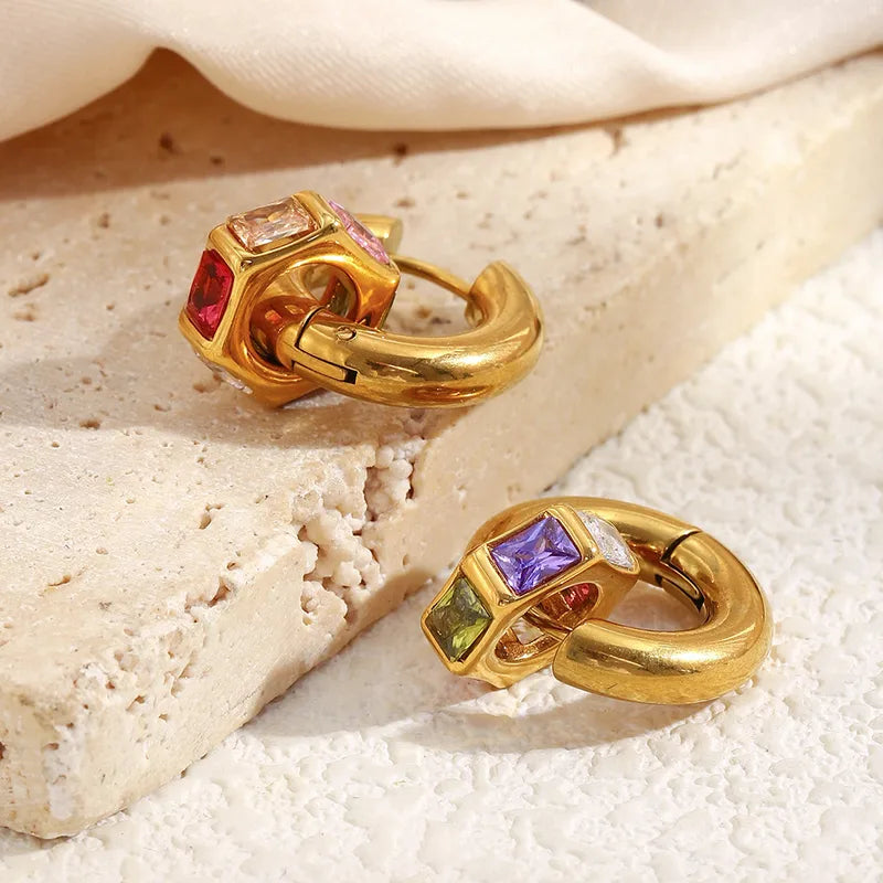 Geometric Color Diamond Vacuum Electroplated Stainless Steel 18K Gold Plated Hoop Earrings Women Luxury Style Round Ring Earrings