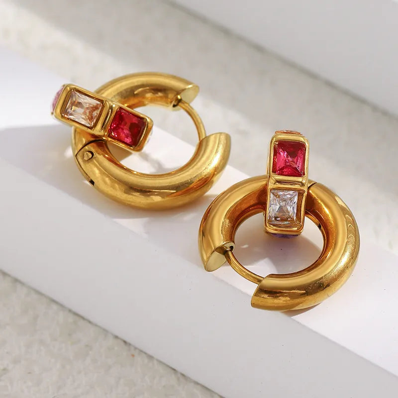 Geometric Color Diamond Vacuum Electroplated Stainless Steel 18K Gold Plated Hoop Earrings Women Luxury Style Round Ring Earrings