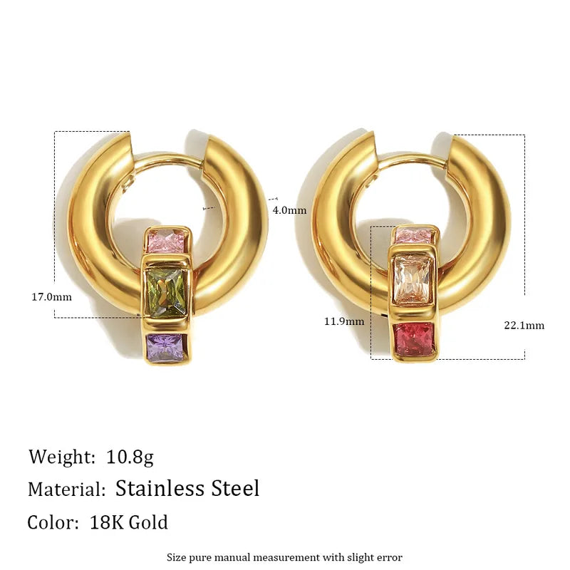 Geometric Color Diamond Vacuum Electroplated Stainless Steel 18K Gold Plated Hoop Earrings Women Luxury Style Round Ring Earrings