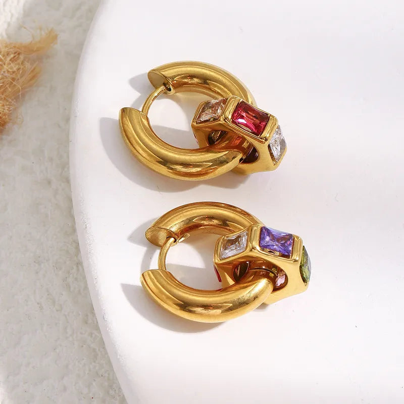 Geometric Color Diamond Vacuum Electroplated Stainless Steel 18K Gold Plated Hoop Earrings Women Luxury Style Round Ring Earrings