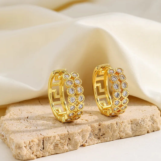 Geometric Copper Plated Imitation Gold Embedded Zirconia Stud Earrings Fashionable Elegant Holiday Weekend Daily Date Jewelry