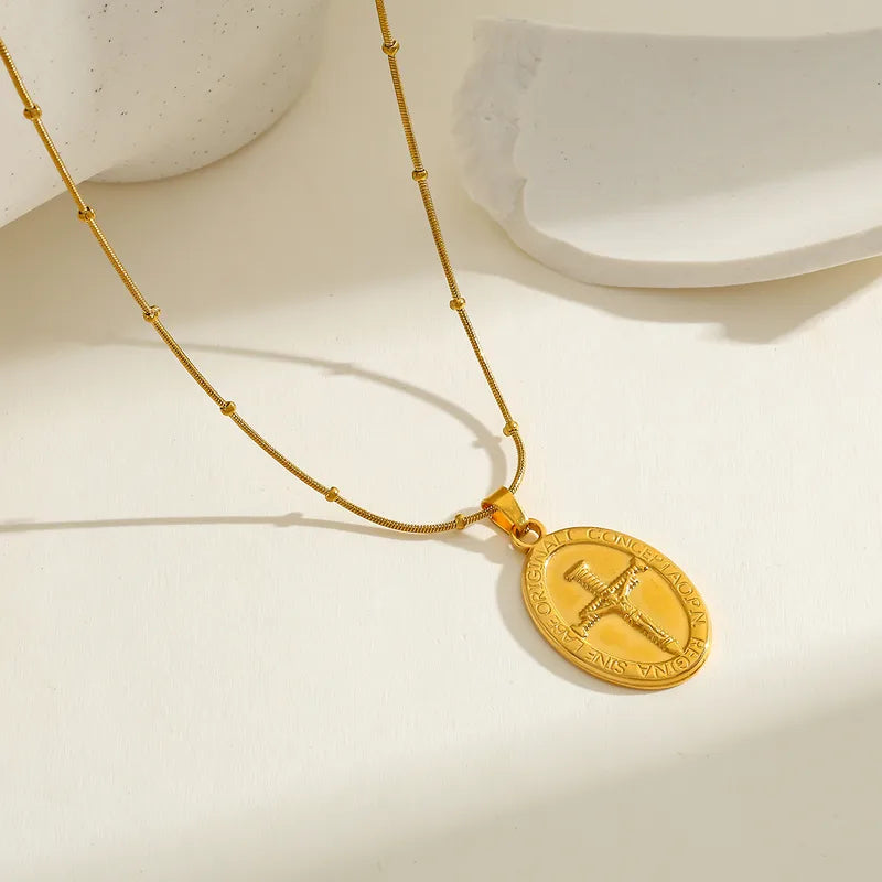 Geometric Cross Pendant Necklace Stainless Steel Plated 18K Gold Elegant Vintage Religious Classic Artistic Lobster Clasp