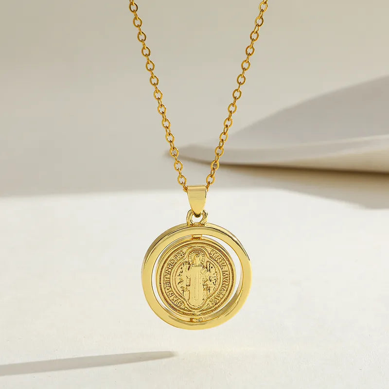 Geometric Double-Sided Copper Pendant Necklace Rotatable Stainless Steel Plated 18K Gold Elegant Vintage Religious Classic Style