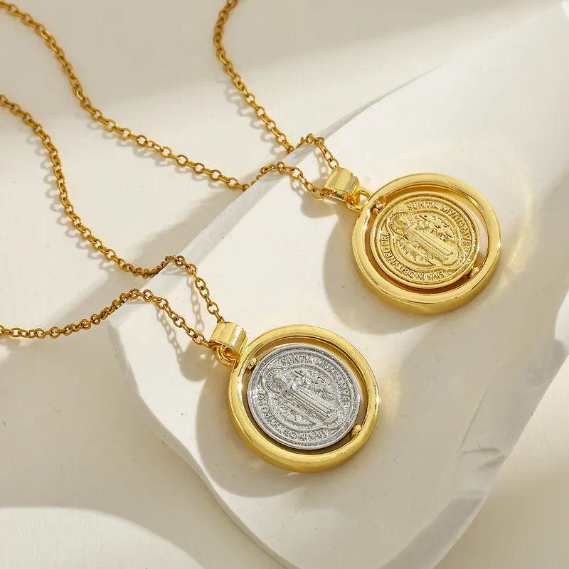 Geometric Double-Sided Copper Pendant Necklace Rotatable Stainless Steel Plated 18K Gold Elegant Vintage Religious Classic Style