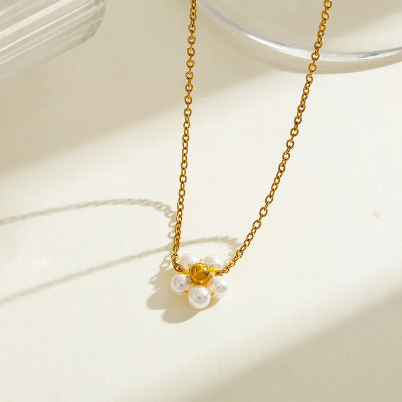 Geometric Flower Pendant Necklace Stainless Steel Vacuum Plated 18K Gold Embedded Zirconia Pearl Casual Weekend Selfie Festive Street Style