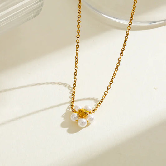 Geometric Flower Pendant Necklace Stainless Steel Vacuum Plated 18K Gold Embedded Zirconia Pearl Casual Weekend Selfie Festive Street Style