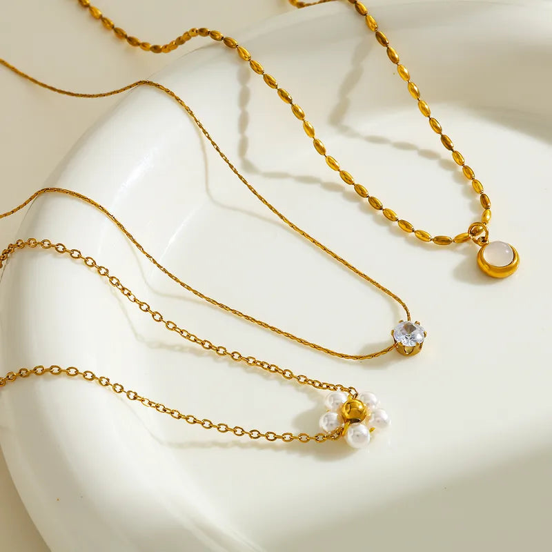 Geometric Flower Pendant Necklace Stainless Steel Vacuum Plated 18K Gold Embedded Zirconia Pearl Casual Weekend Selfie Festive Street Style