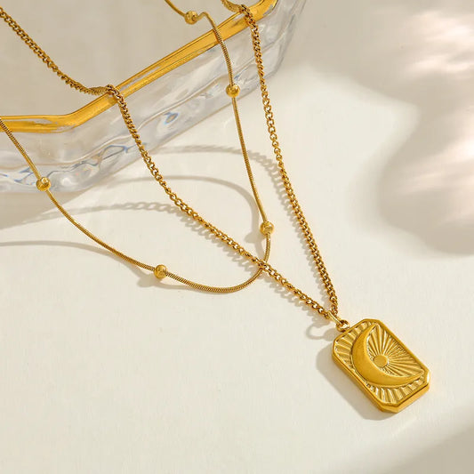 Geometric Moon Pendant Necklace Stainless Steel Plated 18K Gold Embedded Zirconia Women's Elegant Cute Retro Simple Art Jewelry