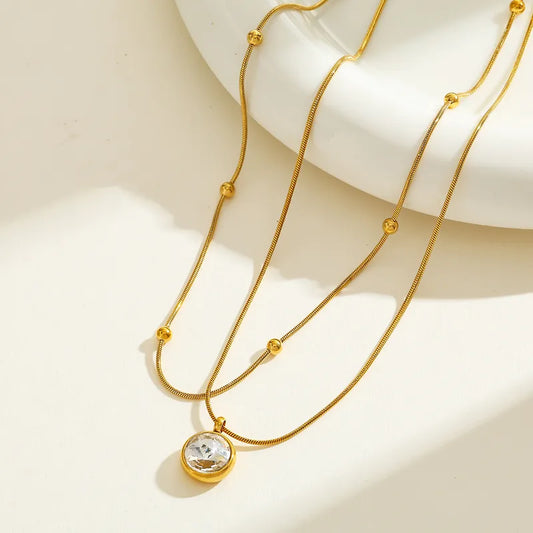 Geometric Moon Pendant Necklace Stainless Steel Plated 18K Gold Embedded Zirconia Women's Elegant Cute Retro Simple Art Jewelry