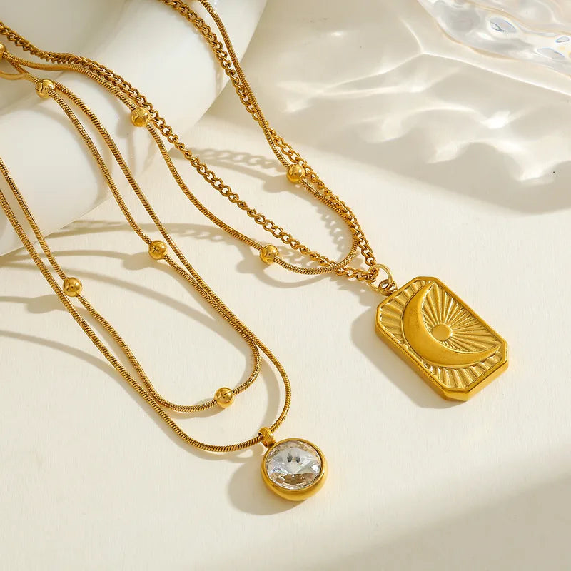 Geometric Moon Pendant Necklace Stainless Steel Plated 18K Gold Embedded Zirconia Women's Elegant Cute Retro Simple Art Jewelry