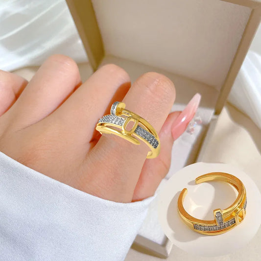 Geometric Open Ring Copper Plated 18K Gold Adjustable Size Holiday Outdoor Selfie Suitable For Men And Women Zirconia Embedded