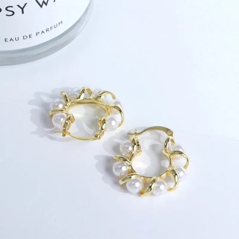 Geometric Pearl Earrings Elegant Minimalist Style Hoop Earrings 18K Gold Plated Copper Artificial Pearl Ear Jewelry