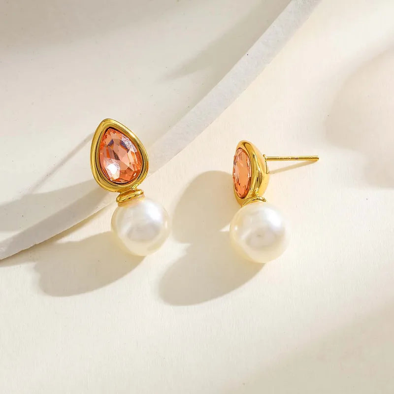 Geometric Pearl Imitation And Zircon Inlaid Stainless Steel 18K Gold Plated Earrings Elegant Casual Style Women's Jewelry