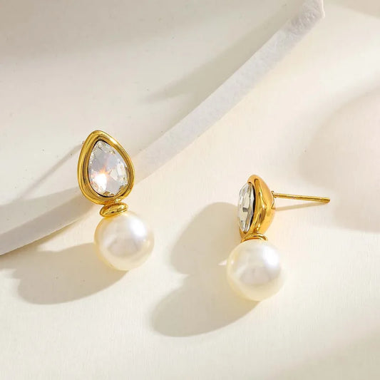 Geometric Pearl Imitation And Zircon Inlaid Stainless Steel 18K Gold Plated Earrings Elegant Casual Style Women's Jewelry