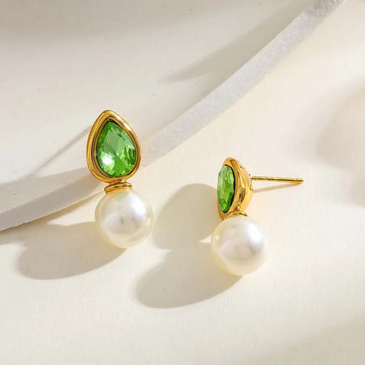 Geometric Pearl Imitation And Zircon Inlaid Stainless Steel 18K Gold Plated Earrings Elegant Casual Style Women's Jewelry