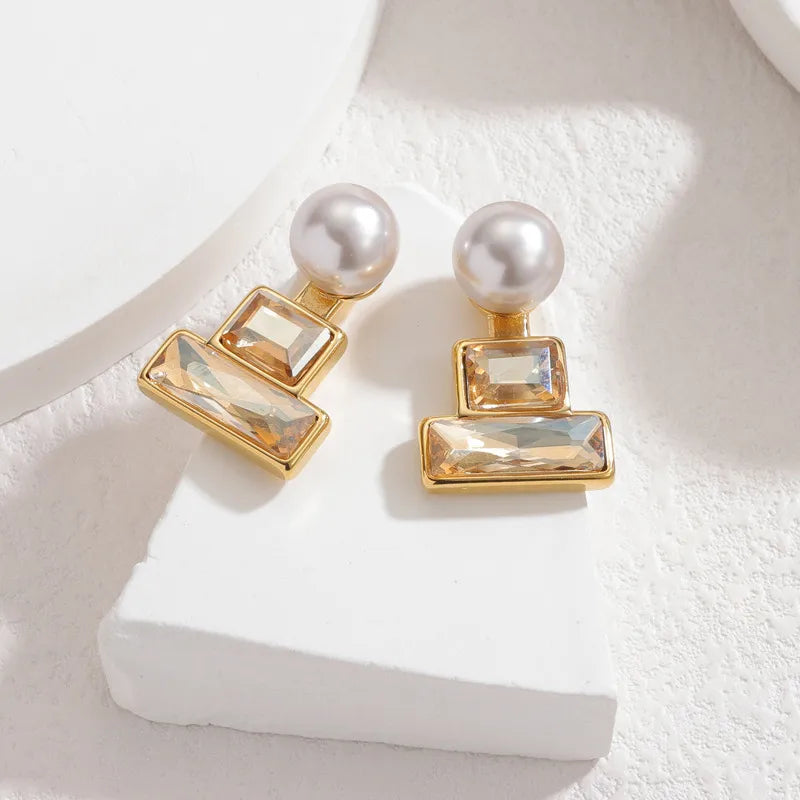 Geometric Square Titanium Steel Pearl Stud Earrings Non-Fading Jewelry Accessories For Women