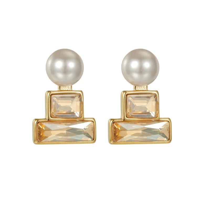 Geometric Square Titanium Steel Pearl Stud Earrings Non-Fading Jewelry Accessories For Women