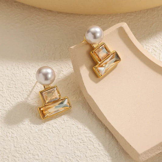 Geometric Square Titanium Steel Pearl Stud Earrings Non-Fading Jewelry Accessories For Women