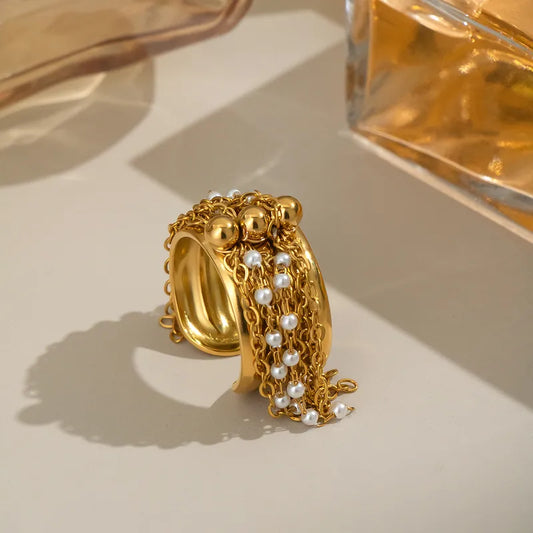 Geometric Trendy Tassel Ring Simple Fashion Hand Jewelry Stainless Steel High-End Feel 18K Gold Plated Adjustable Size For Women