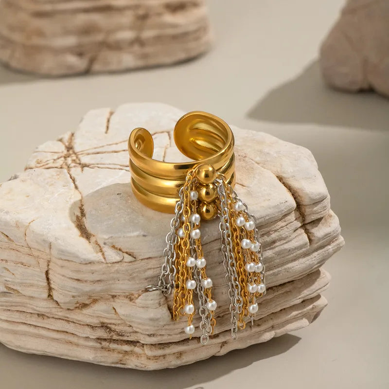 Geometric Trendy Tassel Ring Simple Fashion Hand Jewelry Stainless Steel High-End Feel 18K Gold Plated Adjustable Size For Women