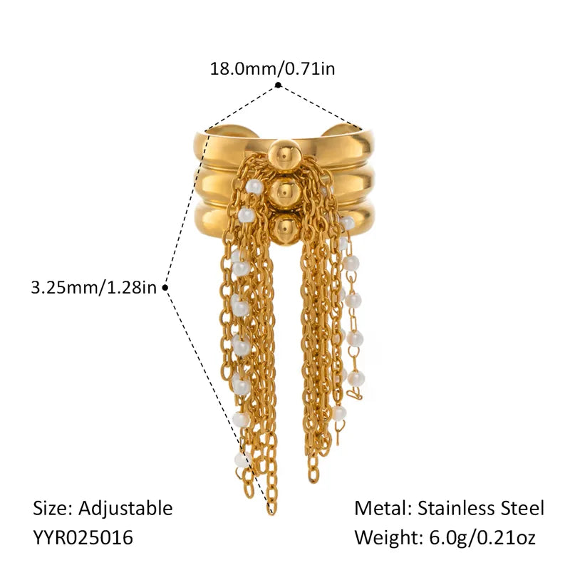 Geometric Trendy Tassel Ring Simple Fashion Hand Jewelry Stainless Steel High-End Feel 18K Gold Plated Adjustable Size For Women