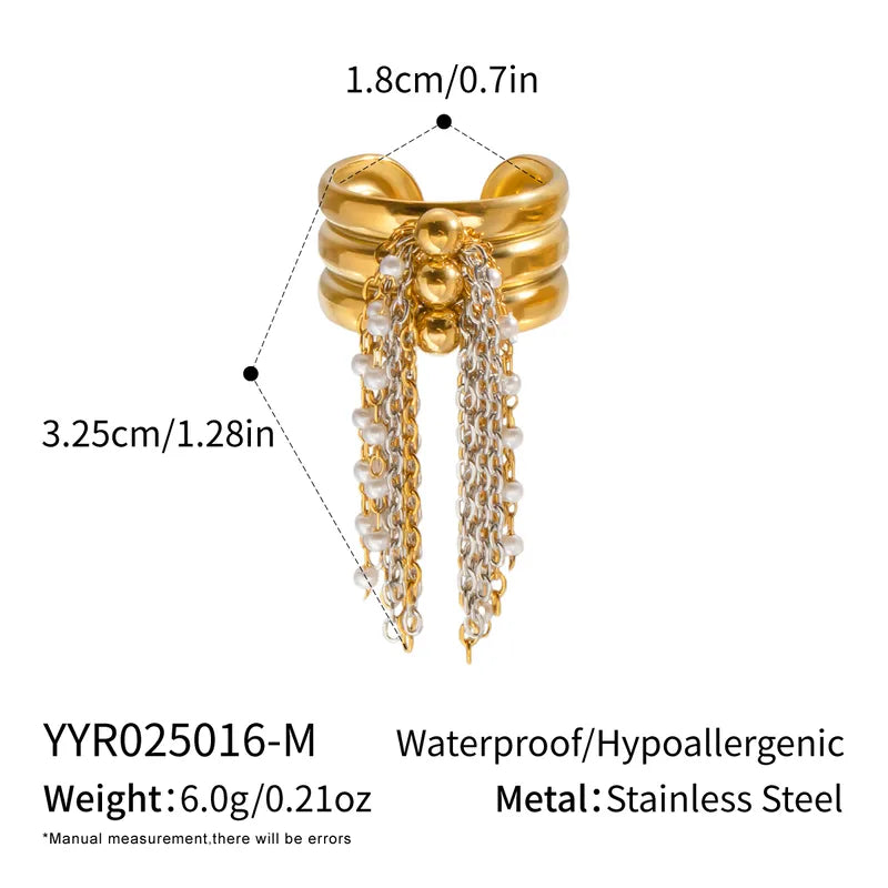 Geometric Trendy Tassel Ring Simple Fashion Hand Jewelry Stainless Steel High-End Feel 18K Gold Plated Adjustable Size For Women