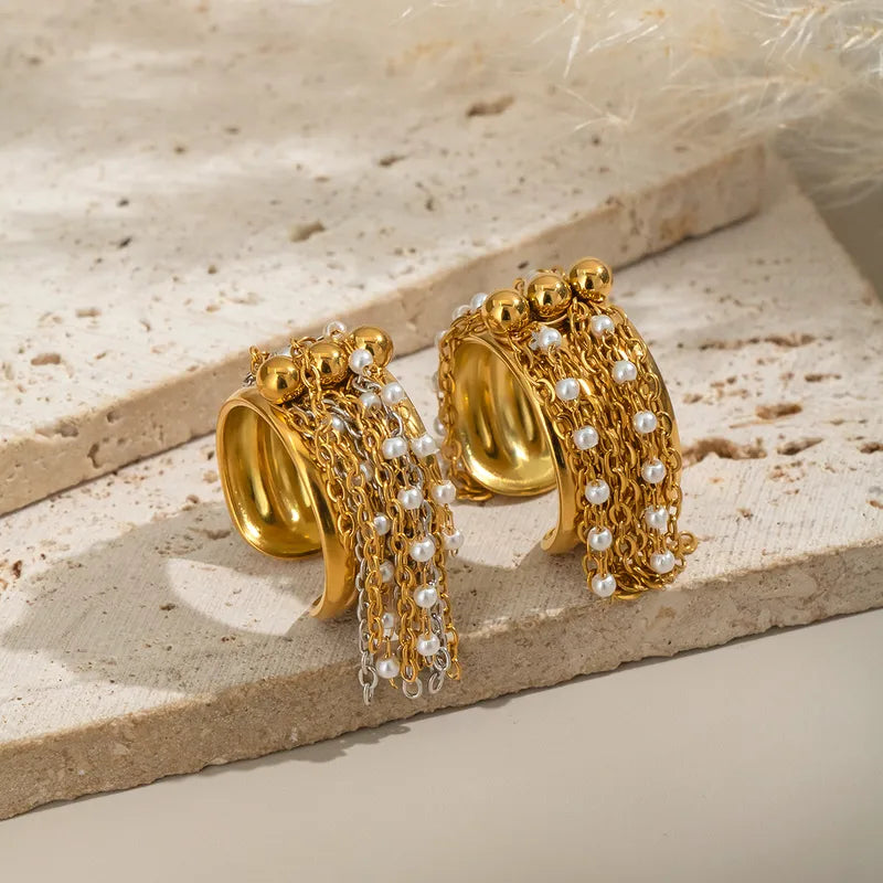 Geometric Trendy Tassel Ring Simple Fashion Hand Jewelry Stainless Steel High-End Feel 18K Gold Plated Adjustable Size For Women