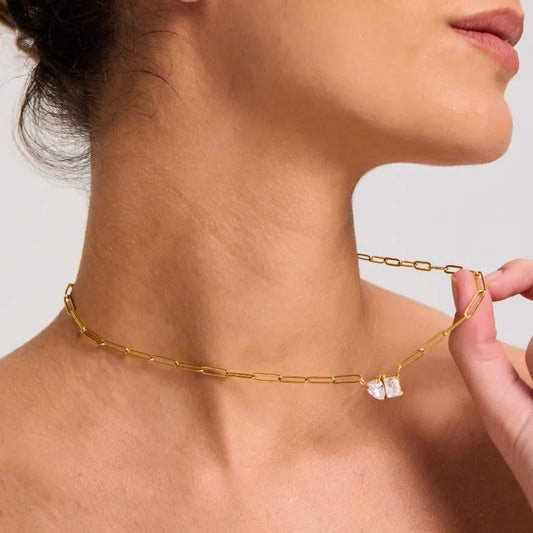 Geometric Waterdrop Zircon Cross Chain Stainless Steel Necklace 18K Gold Plated Clavicle Chain Women's Style INS Personality Design