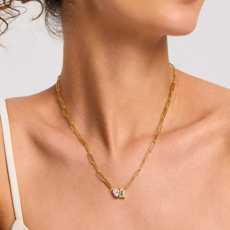 Geometric Waterdrop Zircon Cross Chain Stainless Steel Necklace 18K Gold Plated Clavicle Chain Women's Style INS Personality Design