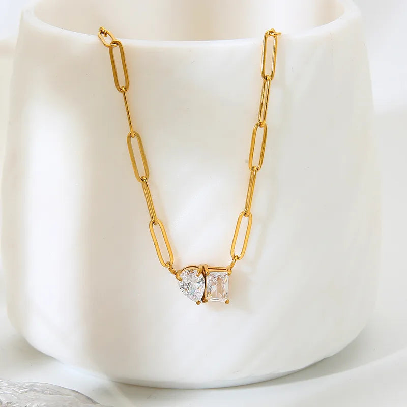 Geometric Waterdrop Zircon Cross Chain Stainless Steel Necklace 18K Gold Plated Clavicle Chain Women's Style INS Personality Design