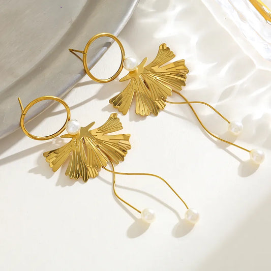 Ginkgo Leaf Pendants Pearl And Zircon Embedded Stainless Steel Earrings Gold Plated Casual Elegant Cute Women Style Flashing